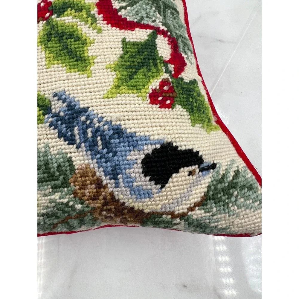 Vintage Needlepoint Christmas Bird Pillow Cardinal Chickadee Blue Jay Red Velvet